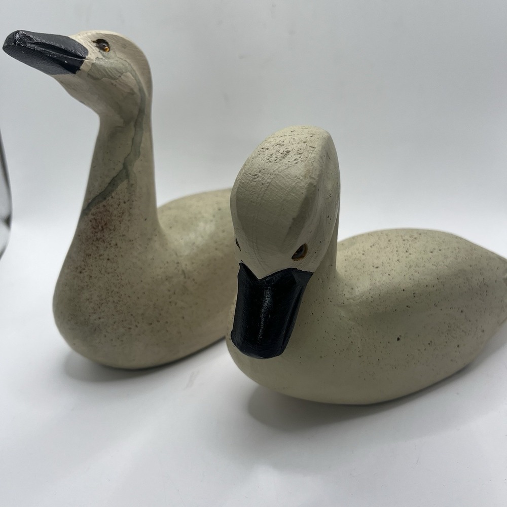 Vintage Hand Carved Wooden Ducks Set Of 2 Hand Painted Beige Rustic Bead Eyes